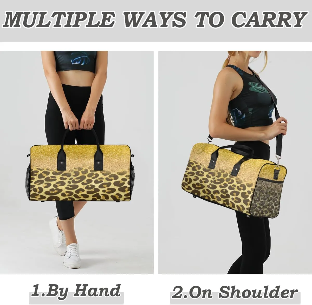 Leopard Print Travel Duffle Bag for Women Men Foldable Waterproof Weekender Bag Carry on Tote for Overnight Sports Gym Gold Glitter