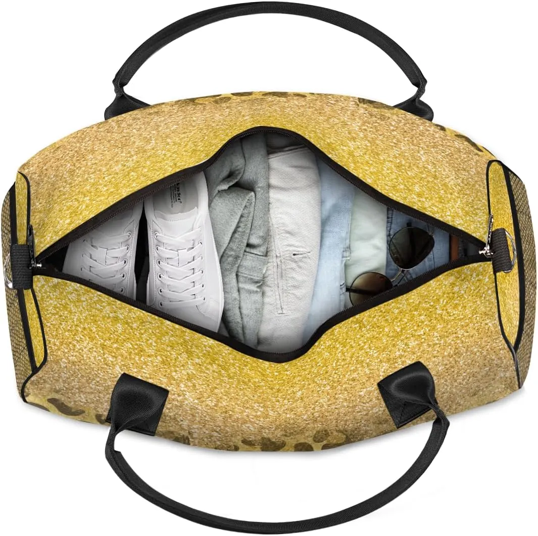 Leopard Print Travel Duffle Bag for Women Men Foldable Waterproof Weekender Bag Carry on Tote for Overnight Sports Gym Gold Glitter