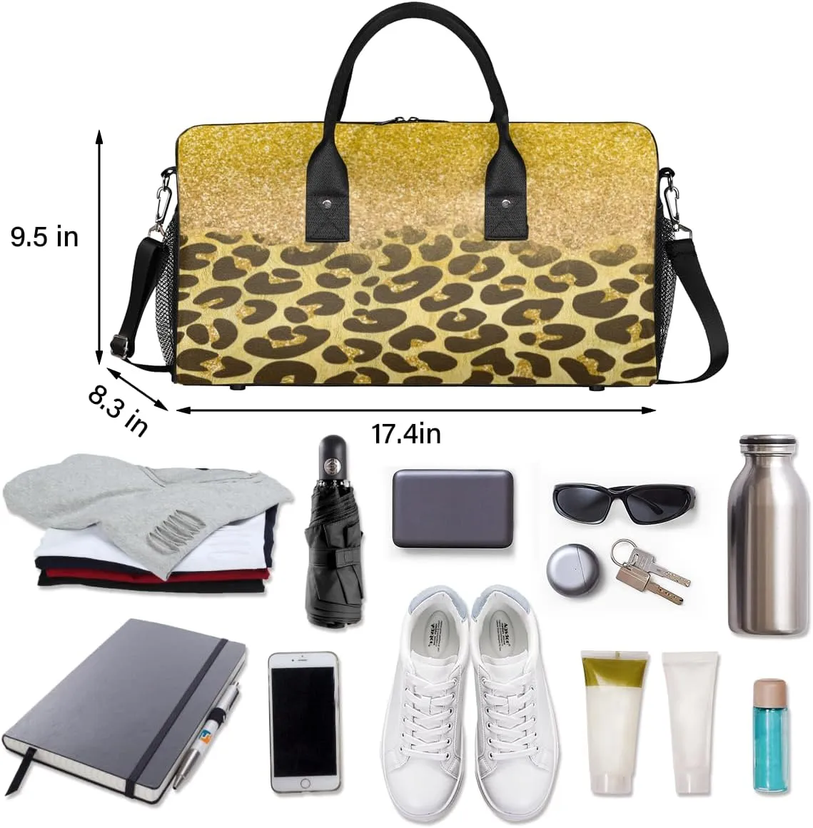 Leopard Print Travel Duffle Bag for Women Men Foldable Waterproof Weekender Bag Carry on Tote for Overnight Sports Gym Gold Glitter