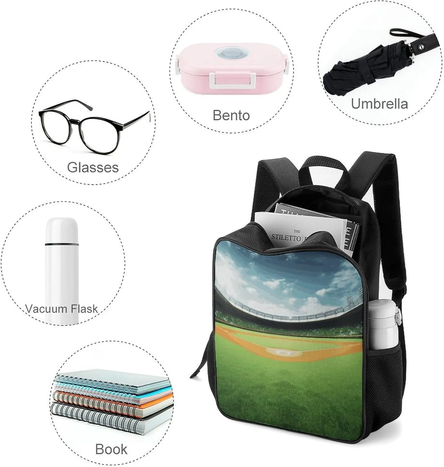 Lightweight Backpacks Cute Travel Bag Durable Green Baseball Field Backdrop Printing Small Travel Backpack For Women & Men
