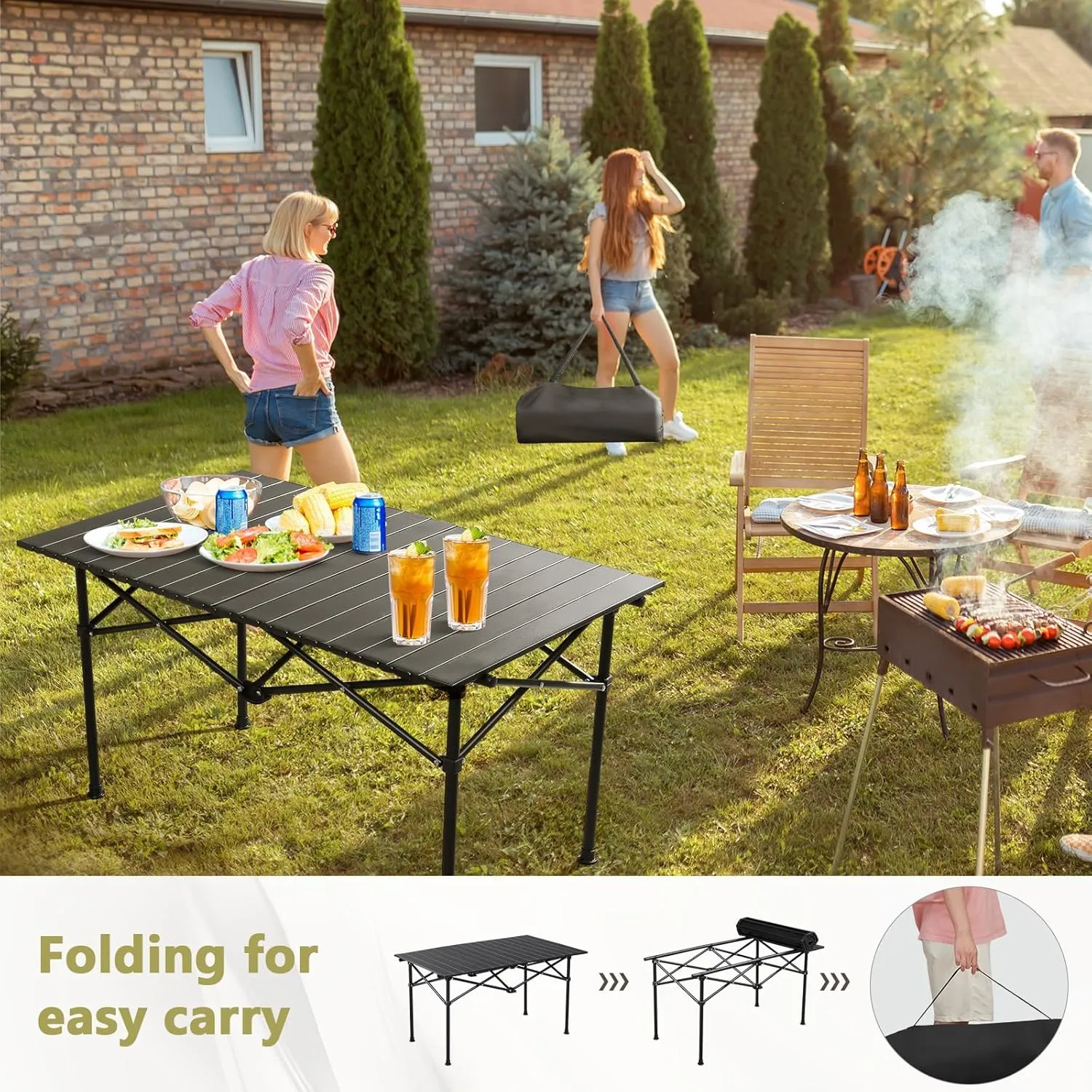 Lightweight Camping Table, Foldable Aluminum Table with Carry Bag, Perfect for Picnic, BBQ, Cooking, and Outdoor Activities Wood Color 50×53×50cm/19.7×20.9×19.7in