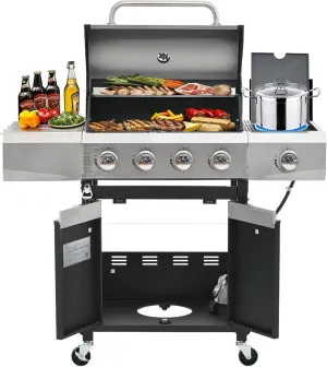 Livavege Outdoor BBQ Grill 4-Burner Propane Gas Grill with Side Burner & Cast Iron Grates - Stainless Steel 46,700 Btu Barbecue Grills for Patio, Cooking Kitchen, Backyard Garden (4 1)