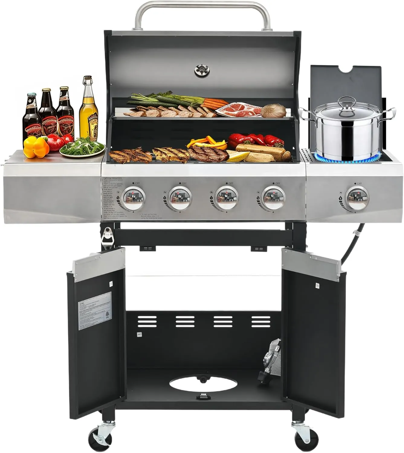 Livavege Outdoor BBQ Grill 4-Burner Propane Gas Grill with Side Burner & Cast Iron Grates - Stainless Steel 46,700 Btu Barbecue Grills for Patio, Cooking Kitchen, Backyard Garden (4 1)