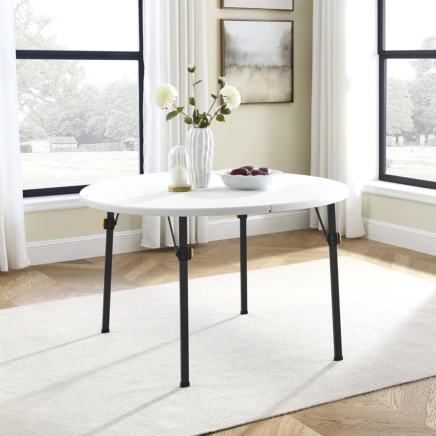 Living and More 4ft Bi-Fold Round Folding Table, Banquet and Event Folding Table with Carrying Handle, White