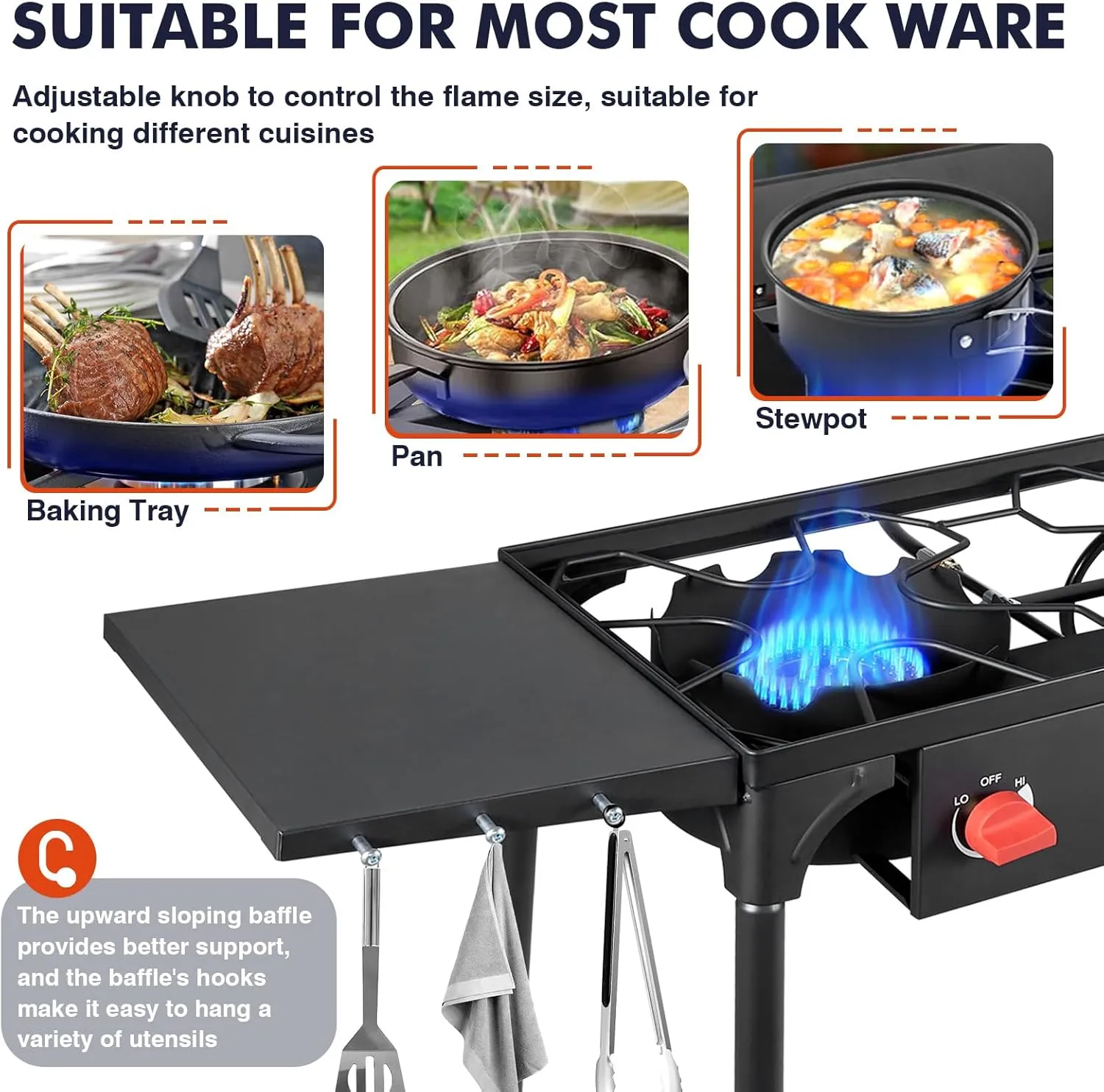 Llamaviva 2 Burner Gas Stove, Propane Outdoor Stove with Side Shelves, Auto Ignition Button, Removable Legs&Regulator, 150,000 BTU, Propane Burners for Outdoor Cooking, Camping&BBQ Cookouts
