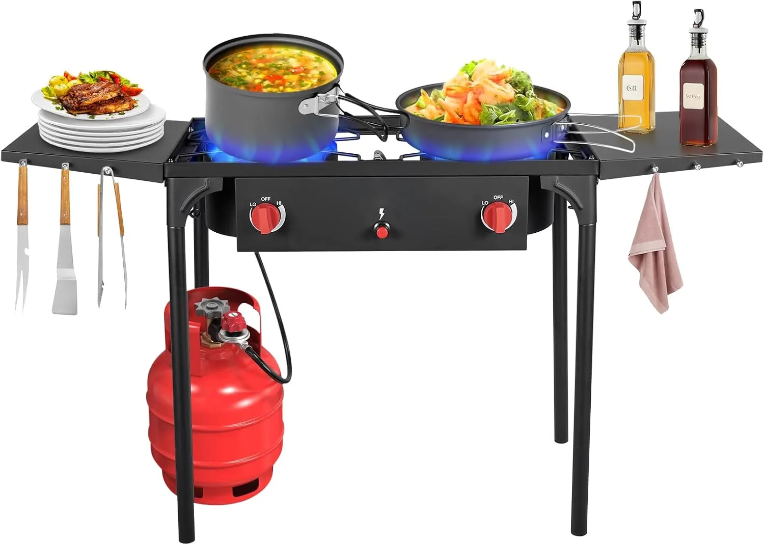Llamaviva 2 Burner Gas Stove, Propane Outdoor Stove with Side Shelves, Auto Ignition Button, Removable Legs&Regulator, 150,000 BTU, Propane Burners for Outdoor Cooking, Camping&BBQ Cookouts