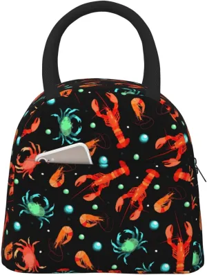 Lobster Crab Shrimp and Bubbles Lunch Bag Marine Animals on Black Background Box Meal Prep Insulated Handbag Reusable Lunch Container for School Office Work