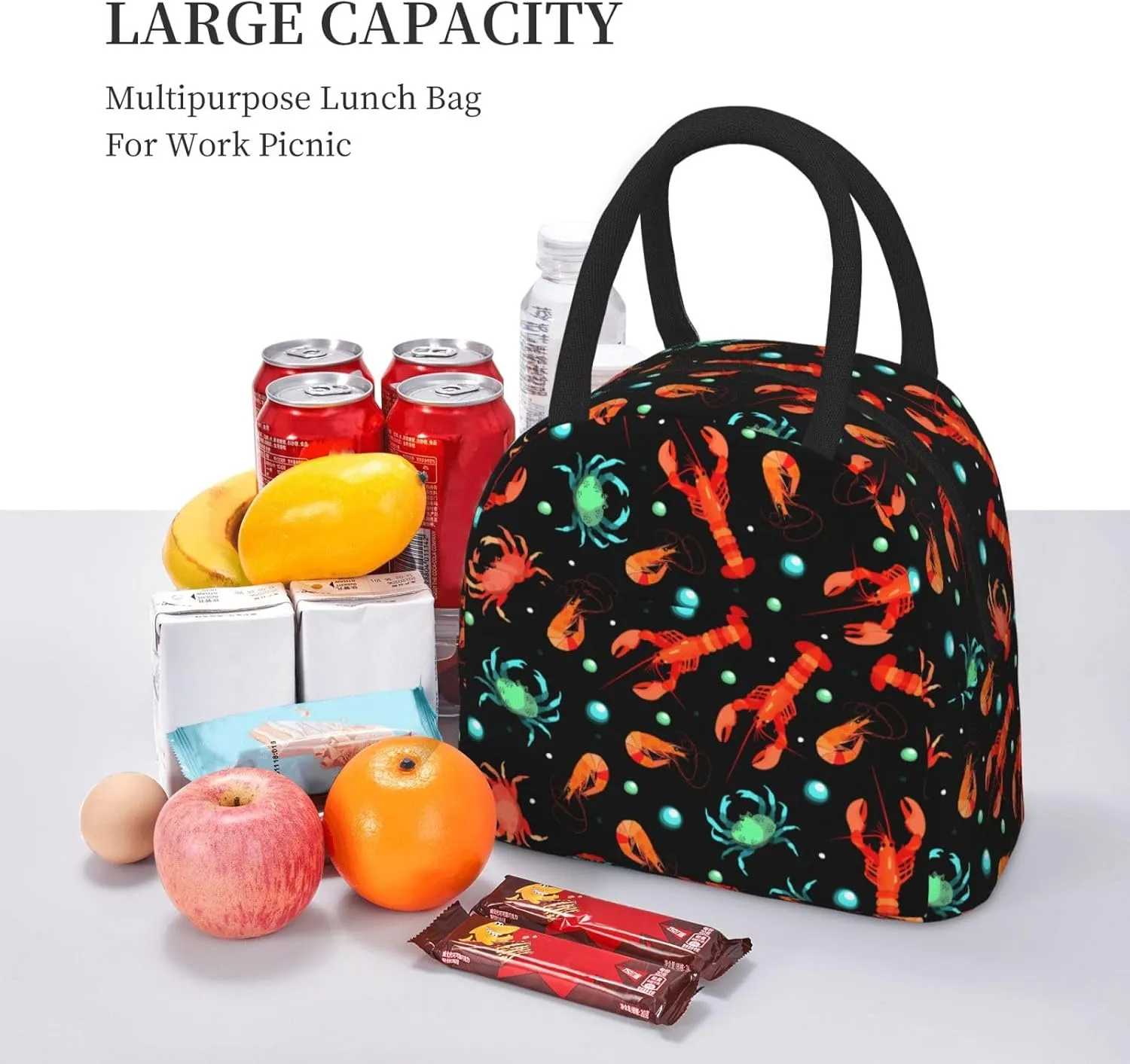 Lobster Crab Shrimp and Bubbles Lunch Bag Marine Animals on Black Background Box Meal Prep Insulated Handbag Reusable Lunch Container for School Office Work