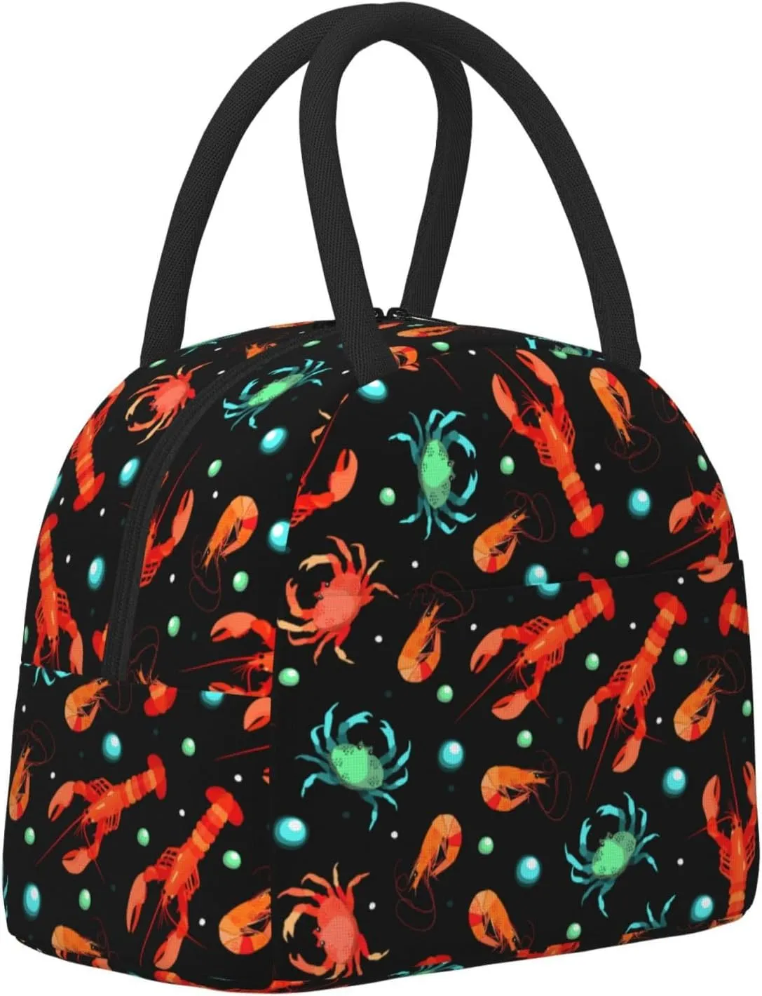 Lobster Crab Shrimp and Bubbles Lunch Bag Marine Animals on Black Background Box Meal Prep Insulated Handbag Reusable Lunch Container for School Office Work