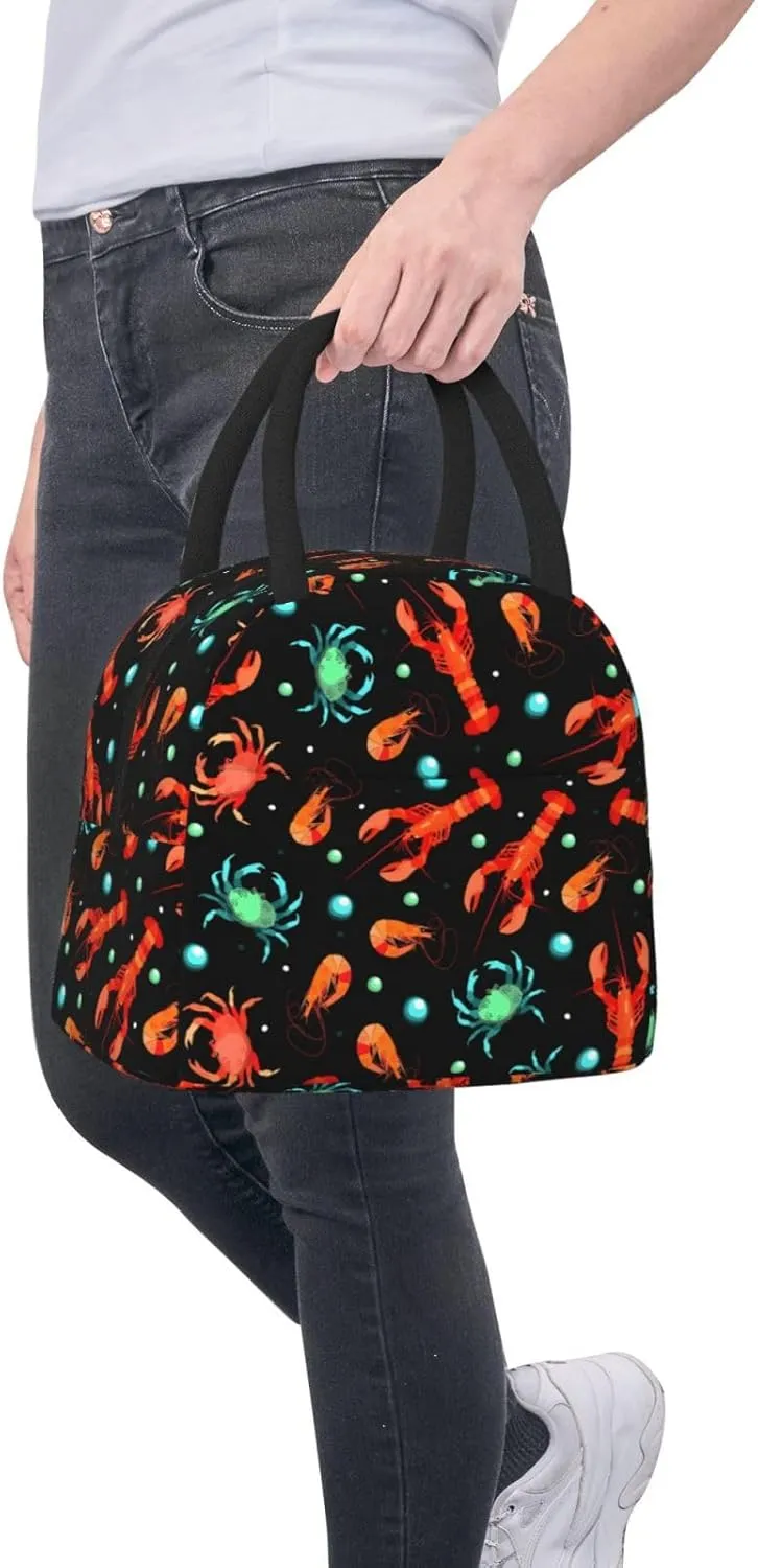 Lobster Crab Shrimp and Bubbles Lunch Bag Marine Animals on Black Background Box Meal Prep Insulated Handbag Reusable Lunch Container for School Office Work