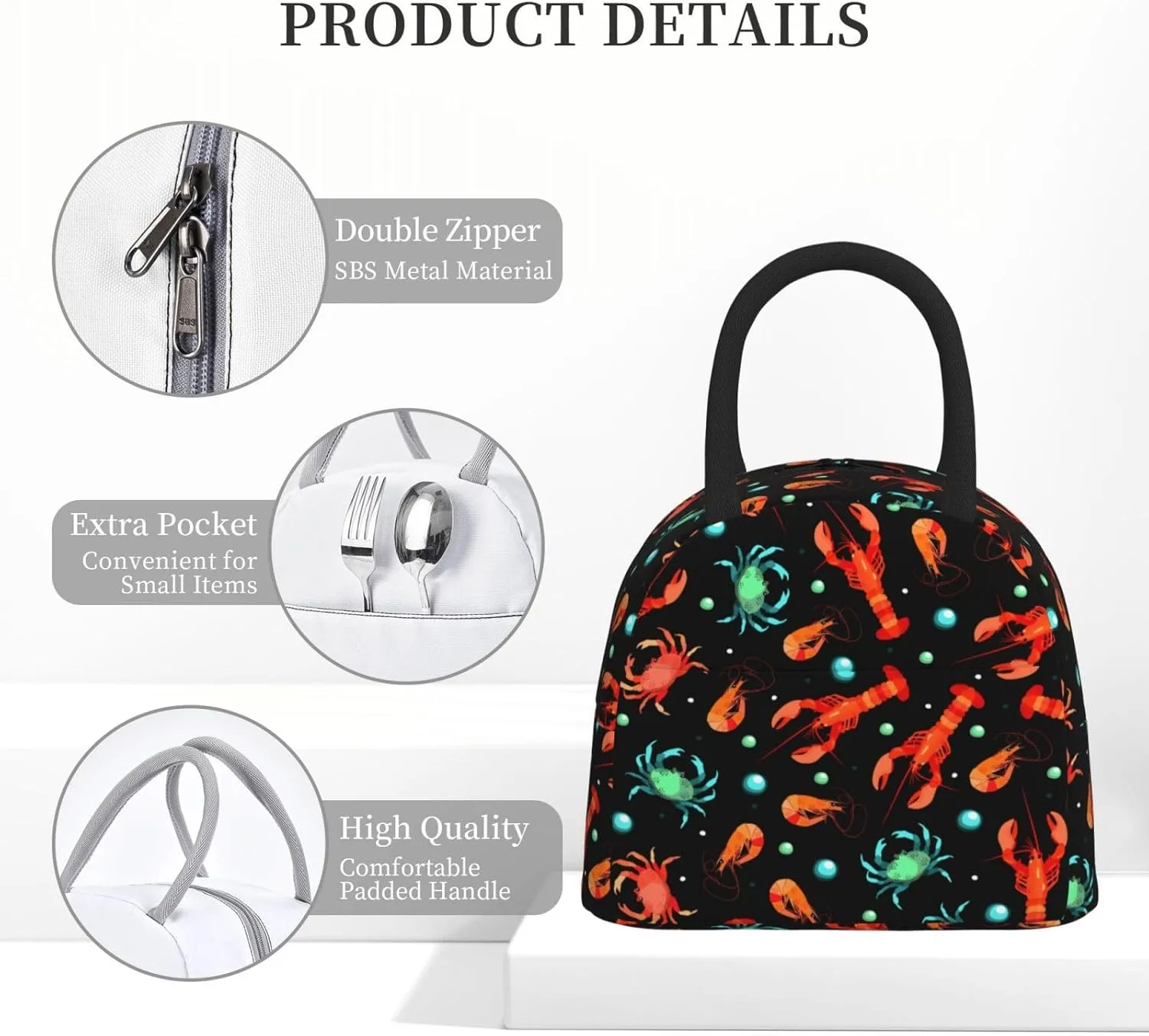 Lobster Crab Shrimp and Bubbles Lunch Bag Marine Animals on Black Background Box Meal Prep Insulated Handbag Reusable Lunch Container for School Office Work