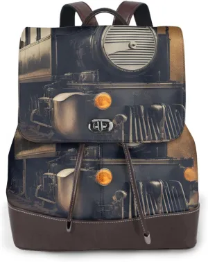 locomotive Print Adjustable Casual Travel Hiking Knapsacks Leather Backpack Purse Laptop Rucksack Bag