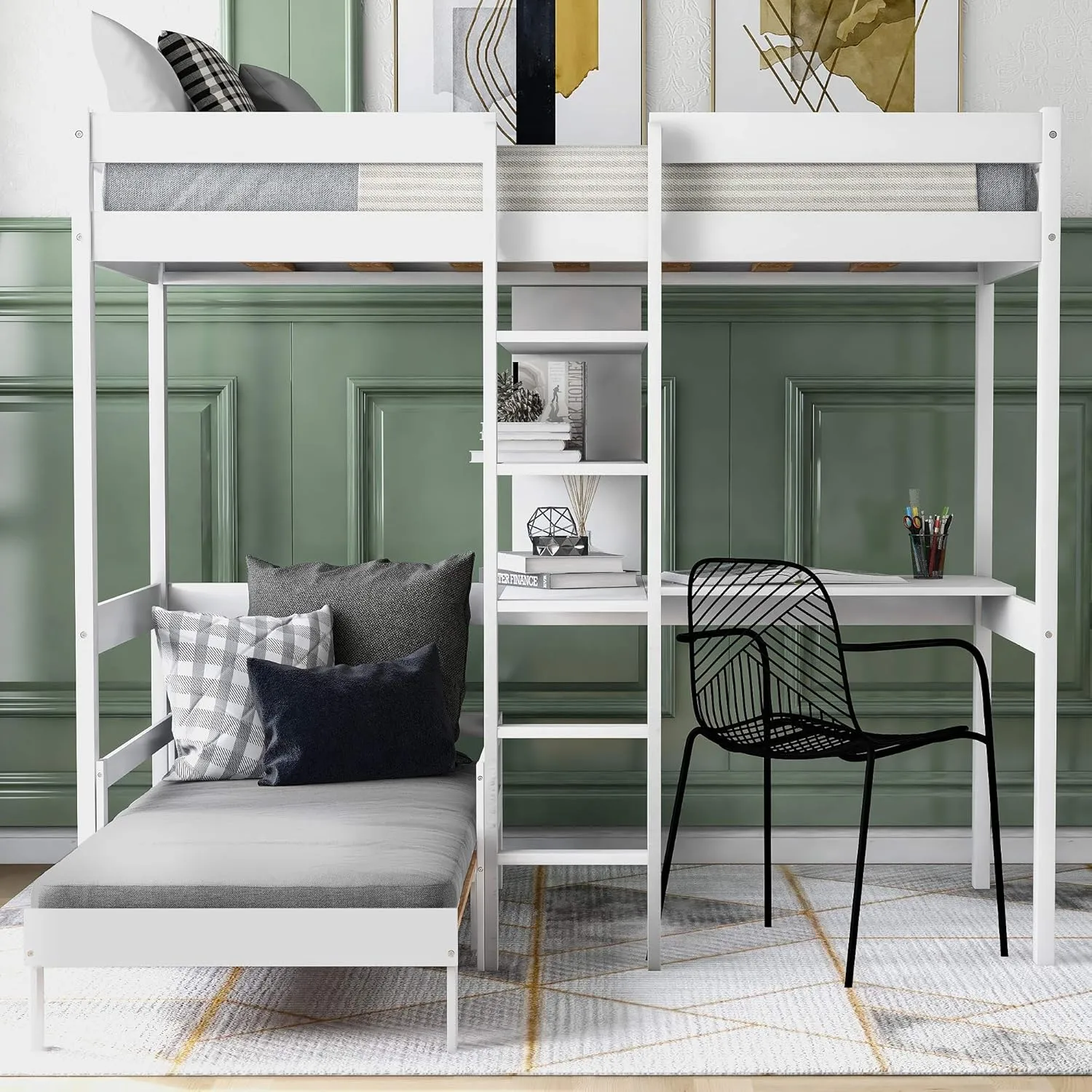 Loft Bed with Desk, Twin Loft Bed with L-Shape Desk, Wood Twin Loft Bed with Storage Shelves, Twin Loft Bed Frame with Guardrail and Ladder for Kids Boys Girls Teens, No Box Spring Needed, White
