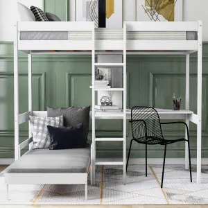 Loft Bed with Desk, Twin Loft Bed with L-Shape Desk, Wood Twin Loft Bed with Storage Shelves, Twin Loft Bed Frame with Guardrail and Ladder for Kids Boys Girls Teens, No Box Spring Needed, White