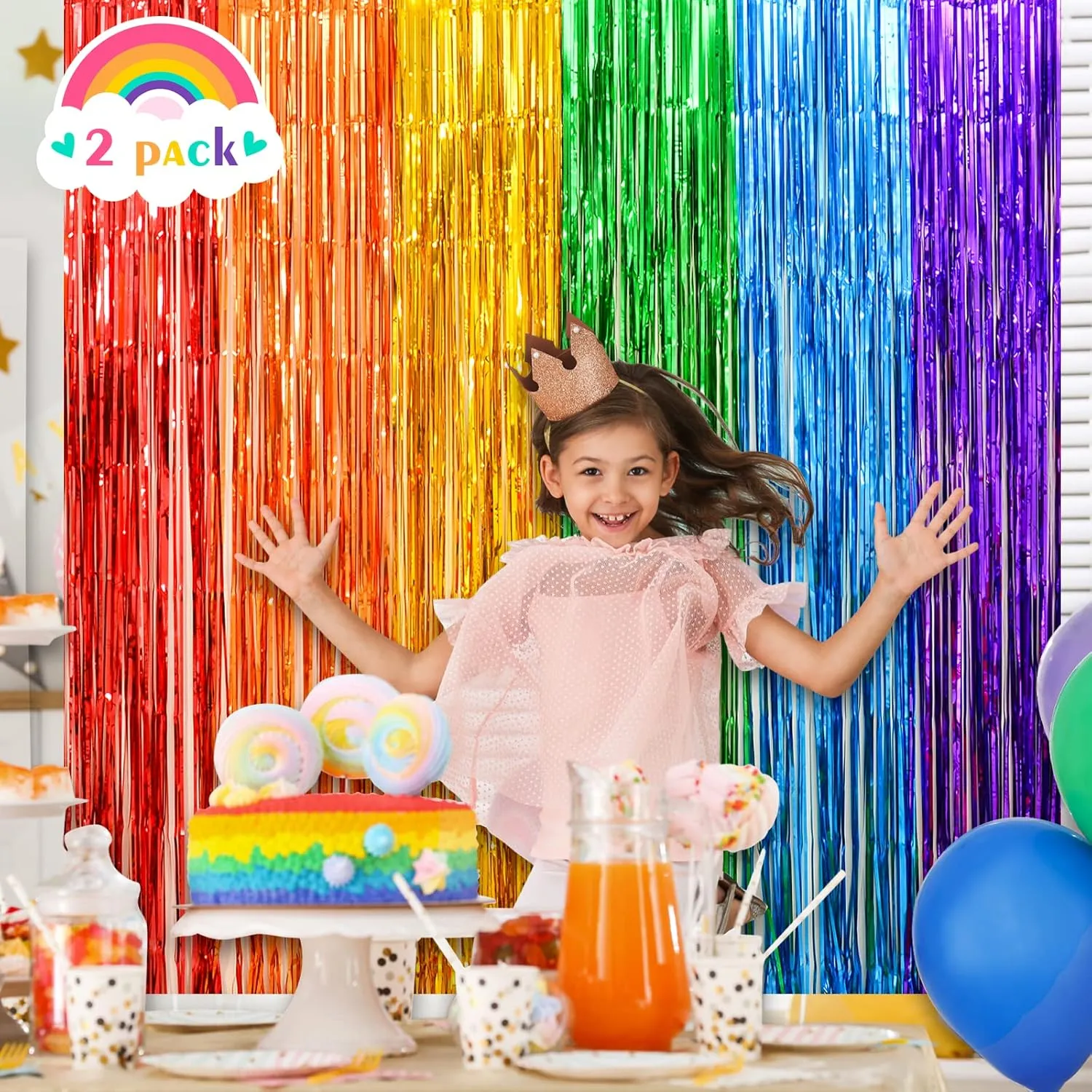 LOLStar Rainbow Foil Fringe Curtains, 2 Pack Rainbow Party Decorations 3.3x6.6ft Tinsel Metallic Streamers Holiday Photo Booth Props Backdrop for Birthday Wedding Engagement Bridal Shower