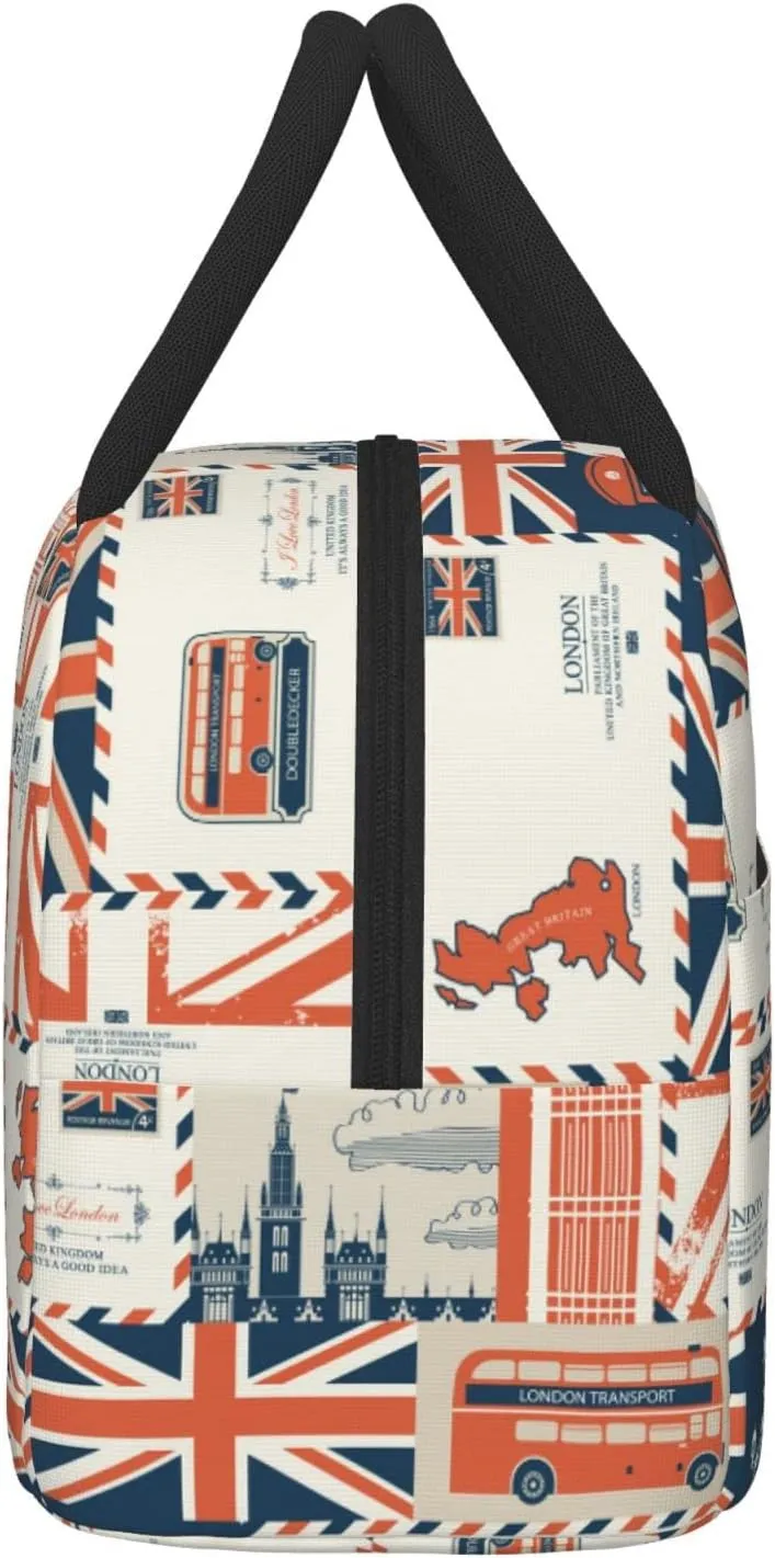 London Theme Envelopes Symbols Flag Retro Style Lunch Bag Box Meal Prep Insulated Handbag Reusable Lunch Container