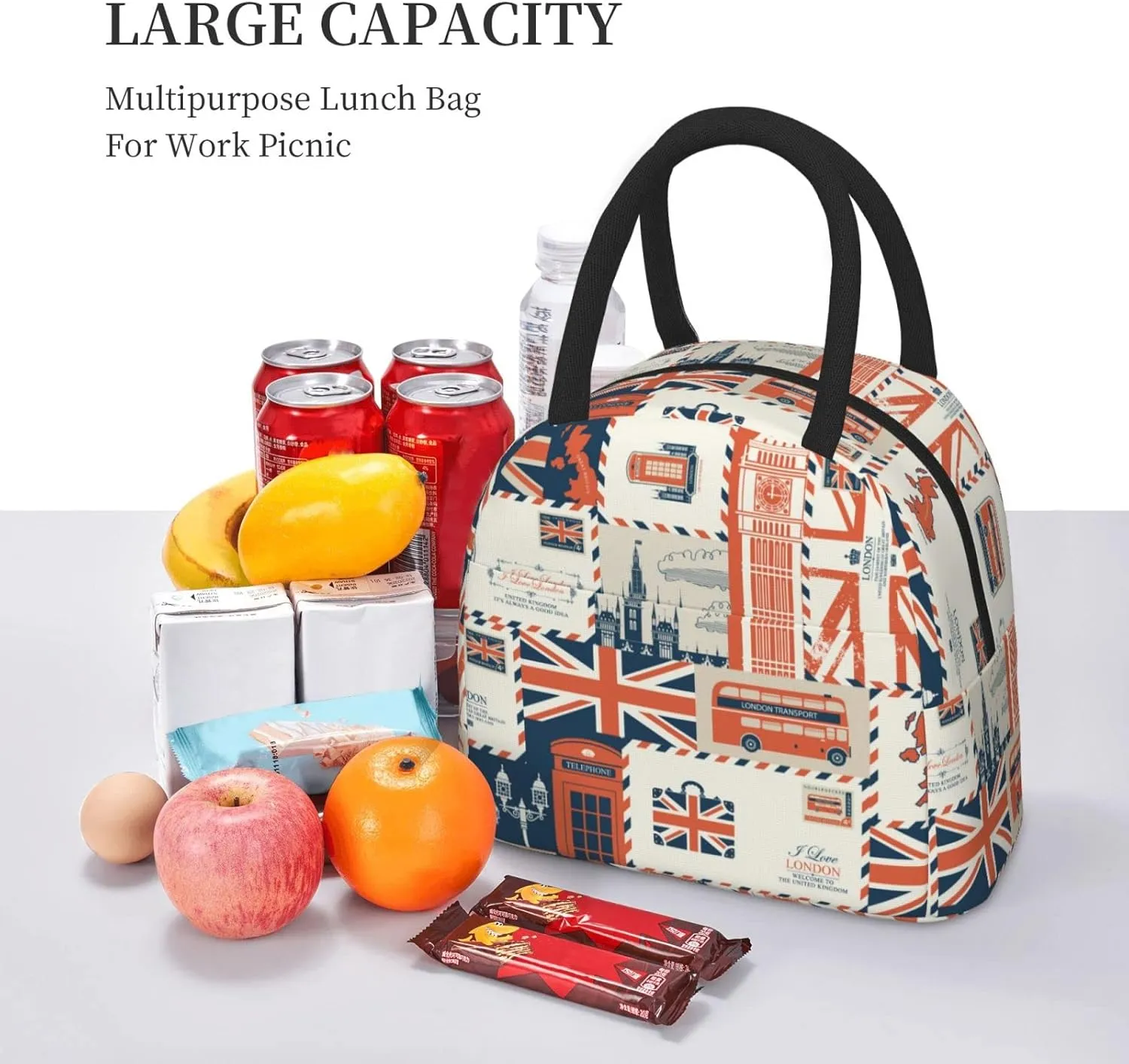 London Theme Envelopes Symbols Flag Retro Style Lunch Bag Box Meal Prep Insulated Handbag Reusable Lunch Container