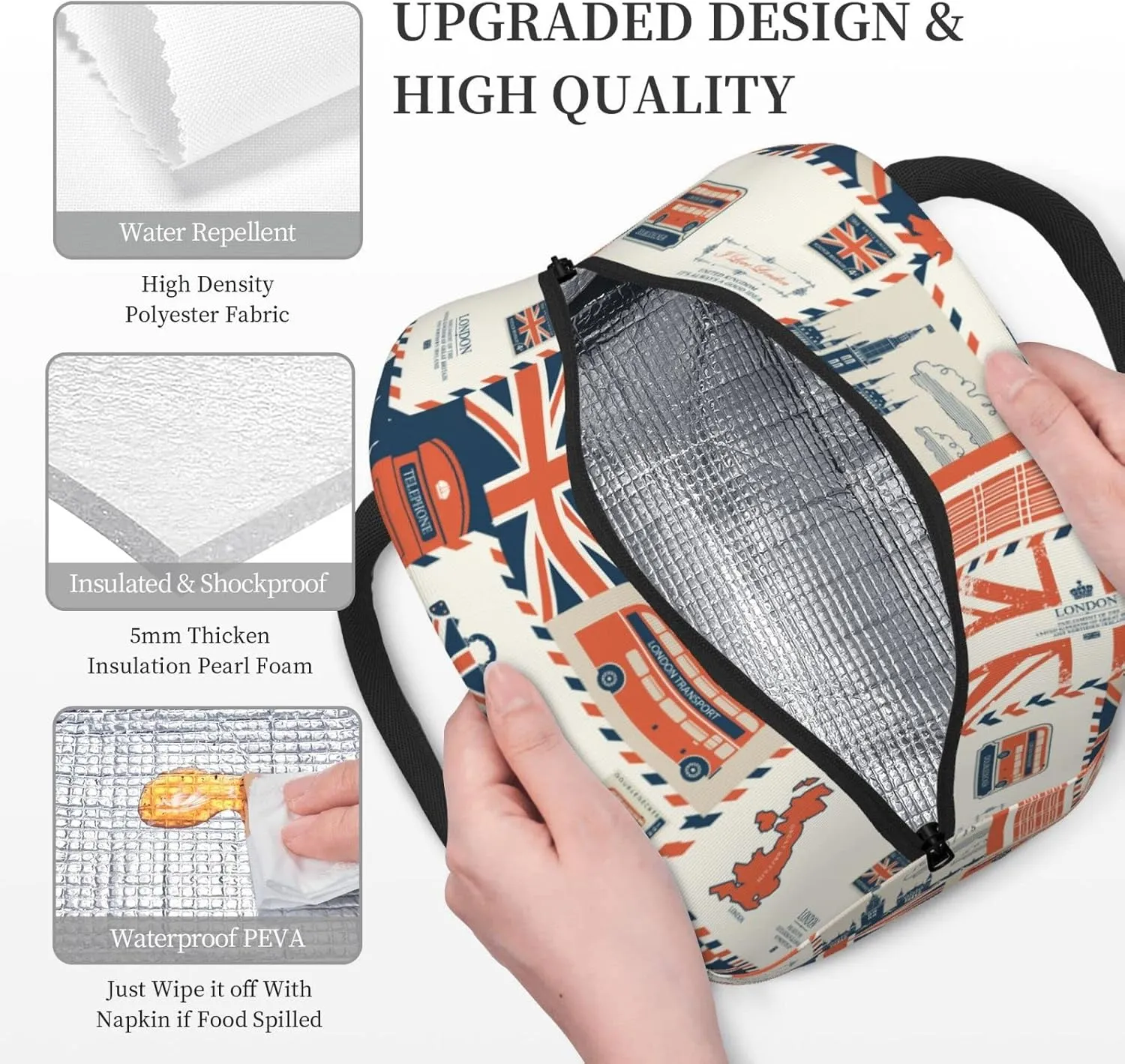 London Theme Envelopes Symbols Flag Retro Style Lunch Bag Box Meal Prep Insulated Handbag Reusable Lunch Container