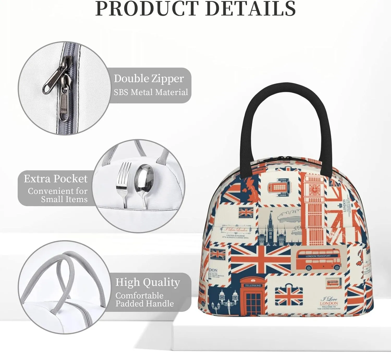 London Theme Envelopes Symbols Flag Retro Style Lunch Bag Box Meal Prep Insulated Handbag Reusable Lunch Container