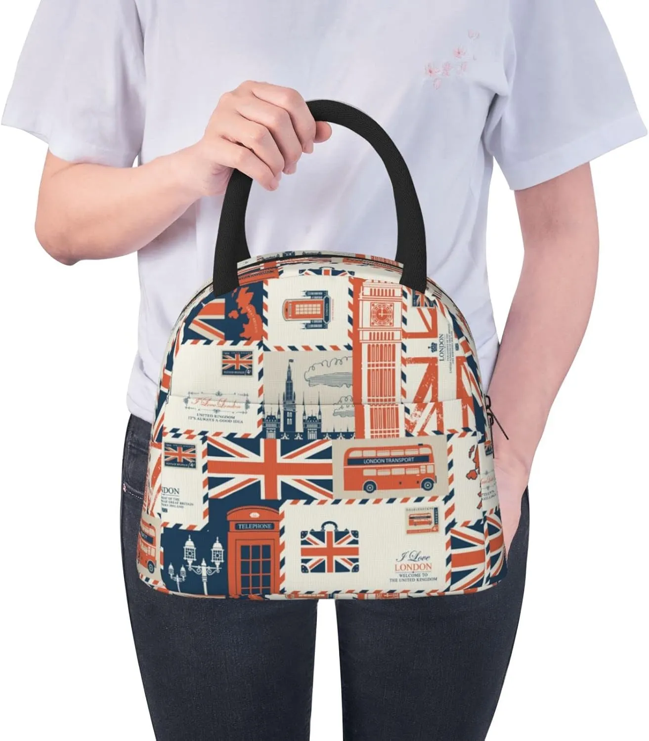 London Theme Envelopes Symbols Flag Retro Style Lunch Bag Box Meal Prep Insulated Handbag Reusable Lunch Container