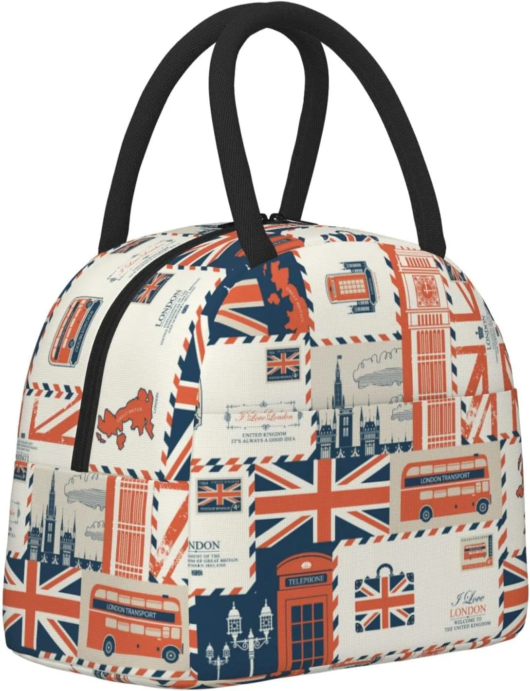 London Theme Envelopes Symbols Flag Retro Style Lunch Bag Box Meal Prep Insulated Handbag Reusable Lunch Container