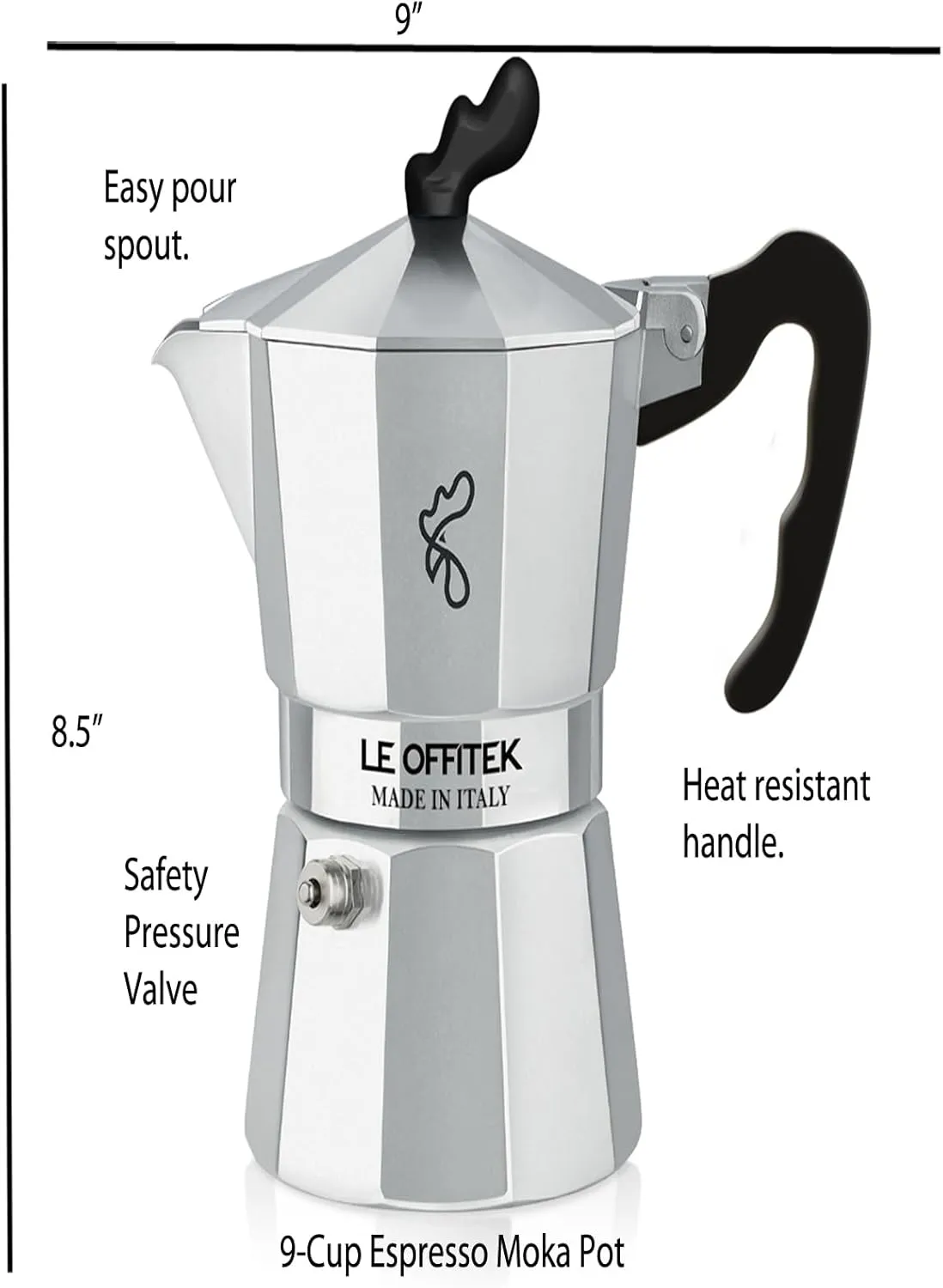 Lorren Home Trends Amika Made In Italy Classic Stovetop Espresso Maker, Italian Coffee, 9 Cup,Silver