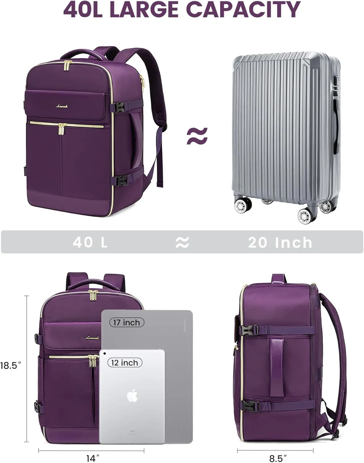 LOVEVOOK 40L Large Carry On Travel Backpack for Women, Flight Approved, Waterproof, TSA Compliant, Fits 17.3'' Laptop, Includes 3 Packing Cubes