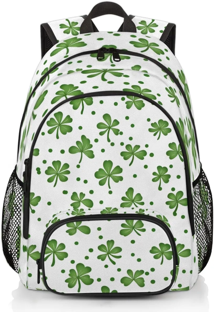 Lucky Green Clover Backpack for Women Men Travel Casual Daypack Laptop iPad Tablet Shoulder Bag Lightweight Backpack with Multiple Pockets