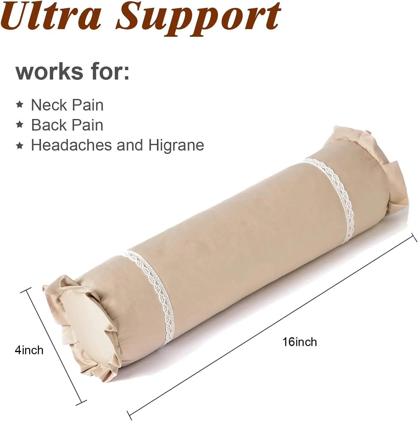 Lumbar Support Cervical Buckwheat Pillow Neck Roll Pillow Buckwheat Hulls Filling Cooling Round Pillows for Spine and Back Support (16x4 inch, Light-Tan)
