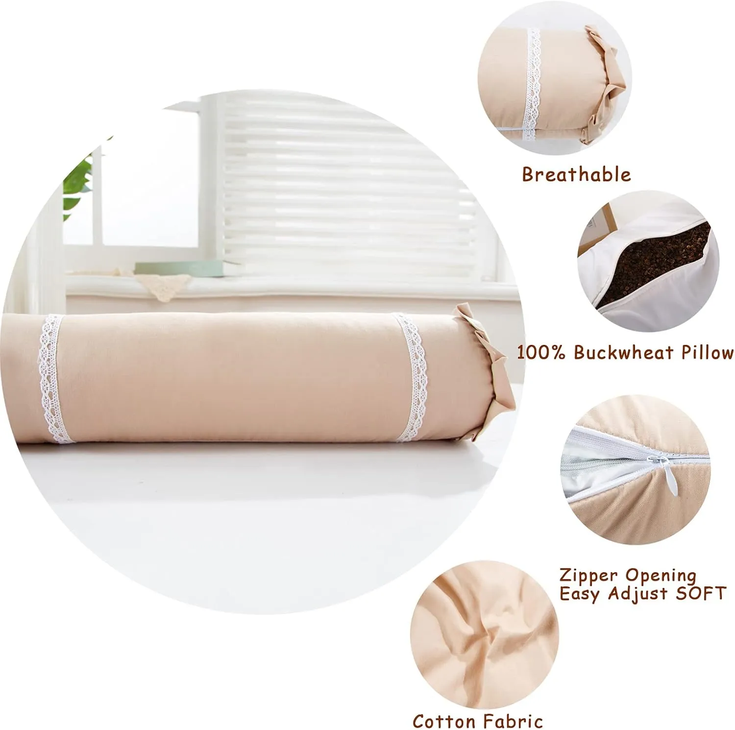 Lumbar Support Cervical Buckwheat Pillow Neck Roll Pillow Buckwheat Hulls Filling Cooling Round Pillows for Spine and Back Support (16x4 inch, Light-Tan)