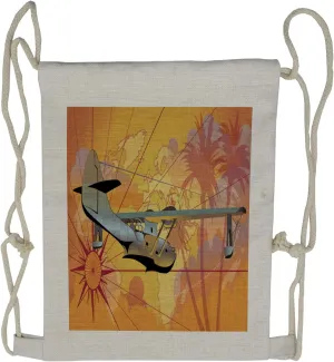 Lunarable Vintage Airplane Drawstring Backpack, Tropical Trees Map, Sackpack Bag