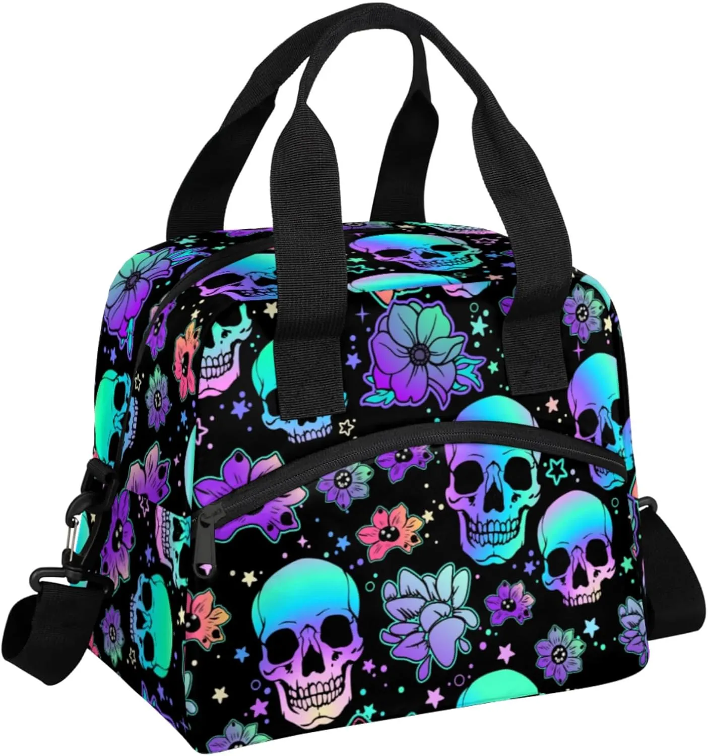 Lunch Bag for Kids Women Men - Reusable Lunch Box with Shoulder Strap, Insulated Meal Tote Bag Leakproof Cooler Bag for Work School Office Picnic, Colorful Skull Head