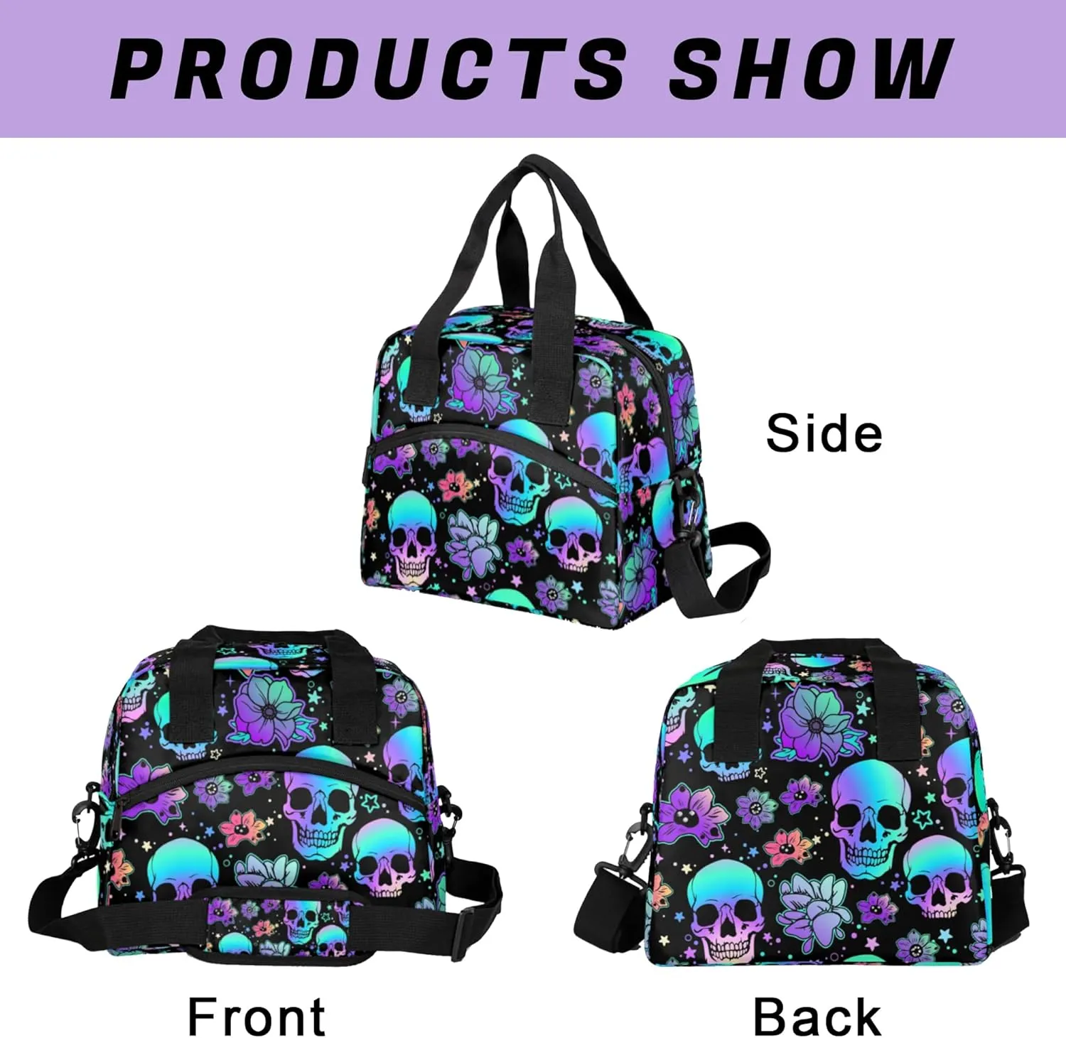 Lunch Bag for Kids Women Men - Reusable Lunch Box with Shoulder Strap, Insulated Meal Tote Bag Leakproof Cooler Bag for Work School Office Picnic, Colorful Skull Head