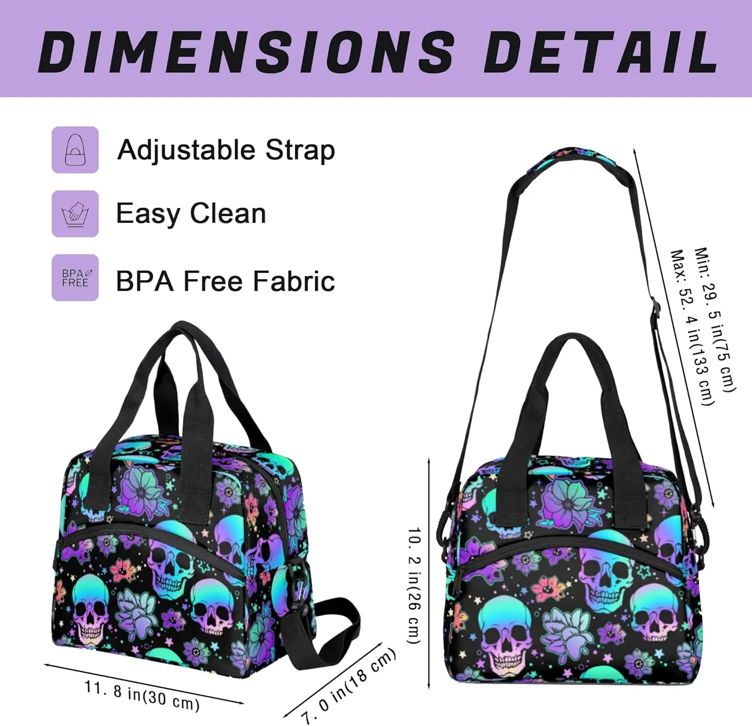 Lunch Bag for Kids Women Men - Reusable Lunch Box with Shoulder Strap, Insulated Meal Tote Bag Leakproof Cooler Bag for Work School Office Picnic, Colorful Skull Head