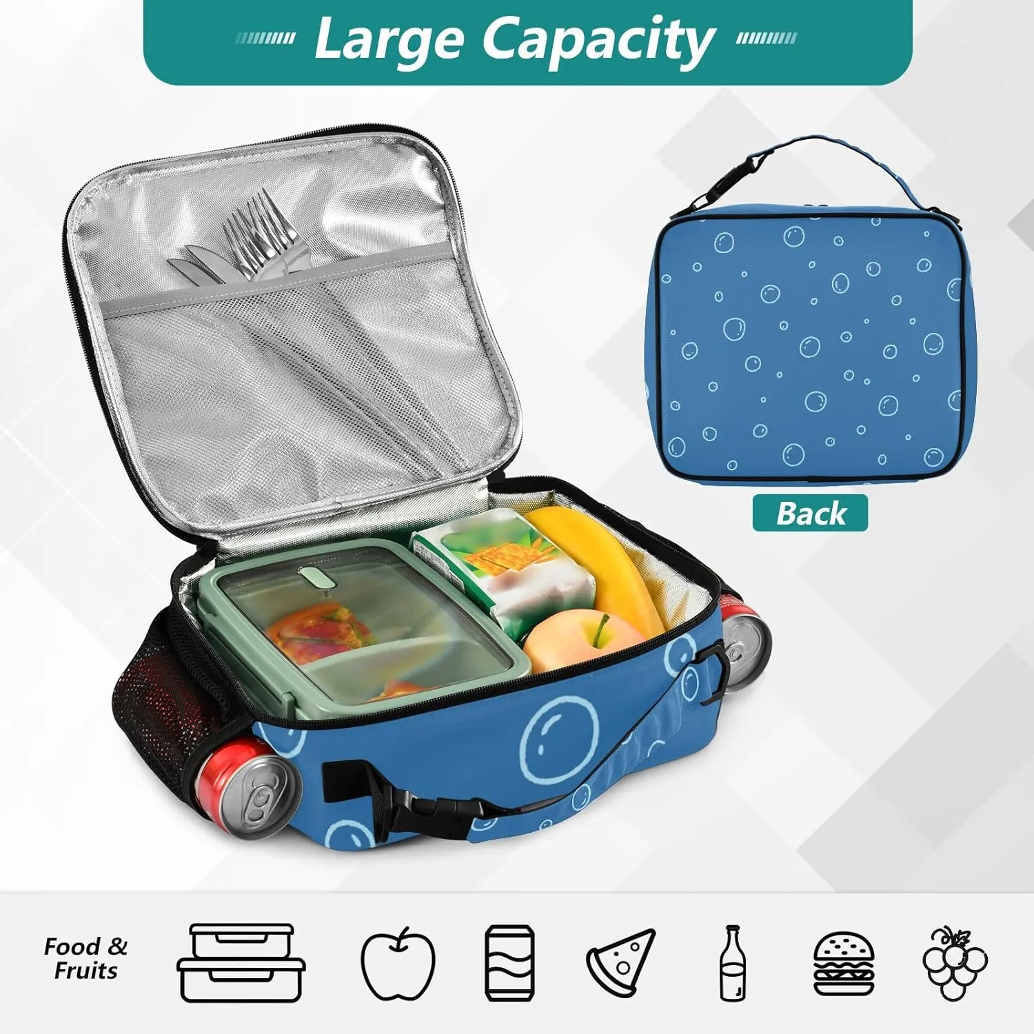 Lunch Bag for Women Men Insulated Lunch Box Cute Lunch Tote Bag Cooler Bag with Adjustable Shoulder Strap Mens Lunchbox for Work Travel Picnic Navy Blue Outline Underwater Bubble