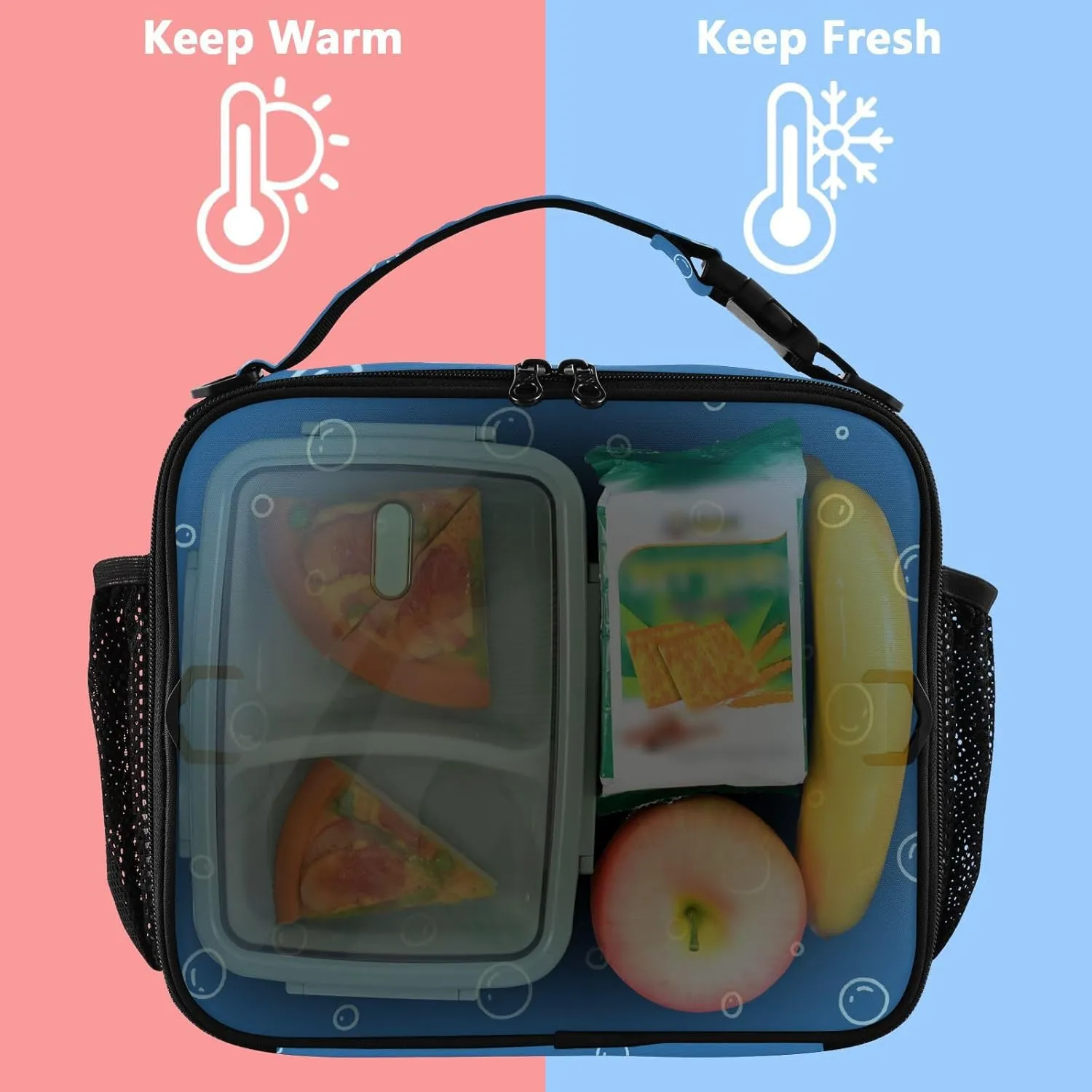 Lunch Bag for Women Men Insulated Lunch Box Cute Lunch Tote Bag Cooler Bag with Adjustable Shoulder Strap Mens Lunchbox for Work Travel Picnic Navy Blue Outline Underwater Bubble