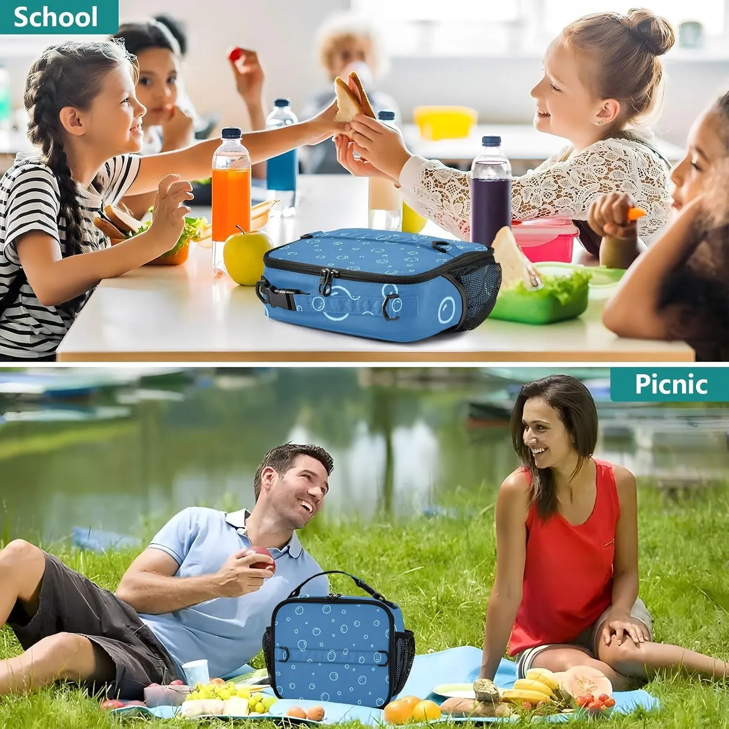 Lunch Bag for Women Men Insulated Lunch Box Cute Lunch Tote Bag Cooler Bag with Adjustable Shoulder Strap Mens Lunchbox for Work Travel Picnic Navy Blue Outline Underwater Bubble