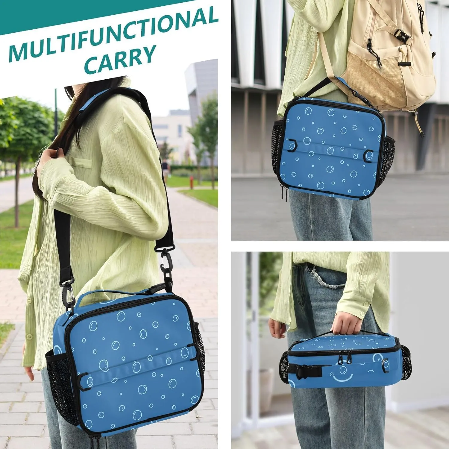 Lunch Bag for Women Men Insulated Lunch Box Cute Lunch Tote Bag Cooler Bag with Adjustable Shoulder Strap Mens Lunchbox for Work Travel Picnic Navy Blue Outline Underwater Bubble