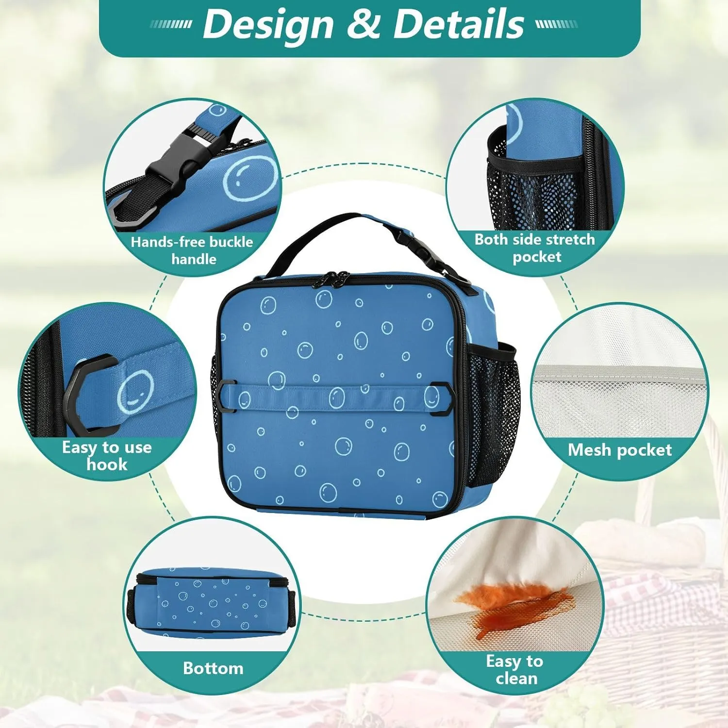 Lunch Bag for Women Men Insulated Lunch Box Cute Lunch Tote Bag Cooler Bag with Adjustable Shoulder Strap Mens Lunchbox for Work Travel Picnic Navy Blue Outline Underwater Bubble
