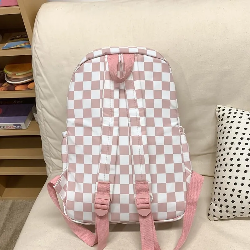 Lushandy 3PCS Checkered Backpack with Lunch Bag, Womens College Backpack Set Cute Aesthetic Daypack Checkered Laptop Backpack