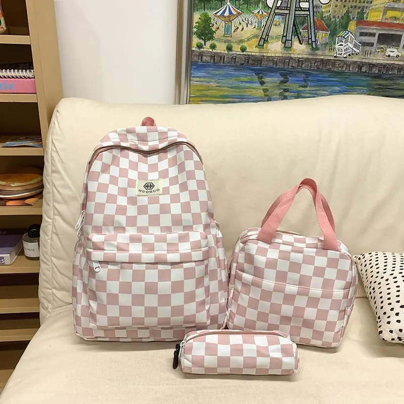 Lushandy 3PCS Checkered Backpack with Lunch Bag, Womens College Backpack Set Cute Aesthetic Daypack Checkered Laptop Backpack