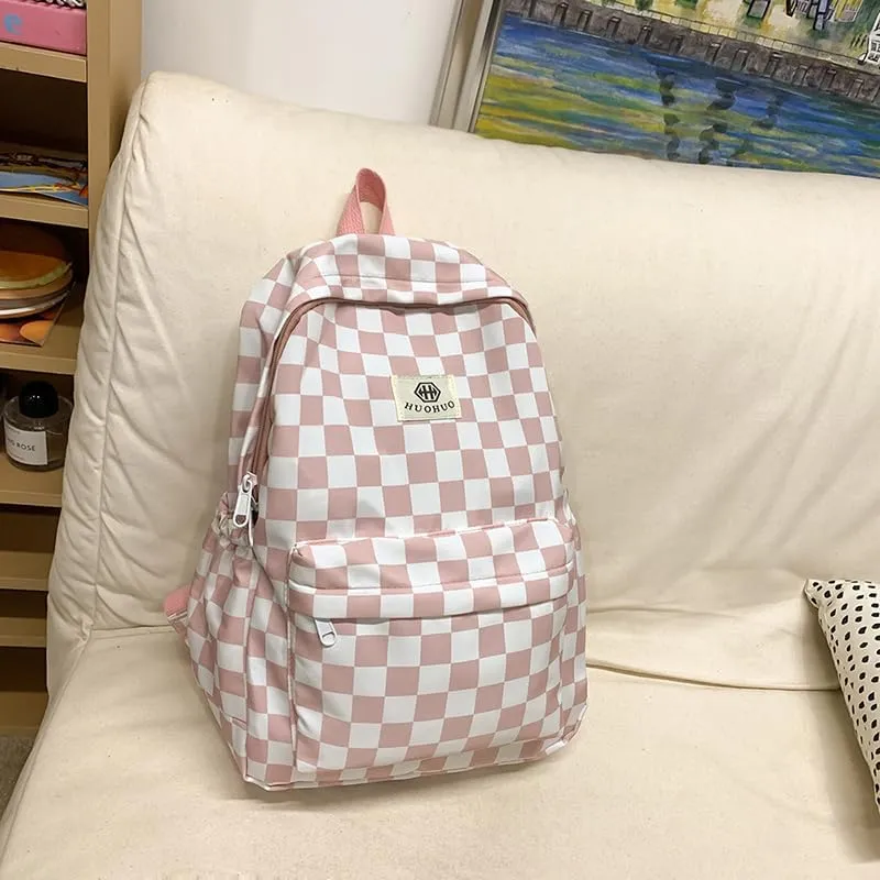 Lushandy 3PCS Checkered Backpack with Lunch Bag, Womens College Backpack Set Cute Aesthetic Daypack Checkered Laptop Backpack