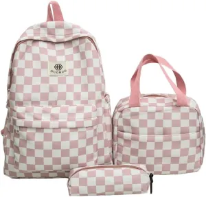 Lushandy 3PCS Checkered Backpack with Lunch Bag, Womens College Backpack Set Cute Aesthetic Daypack Checkered Laptop Backpack