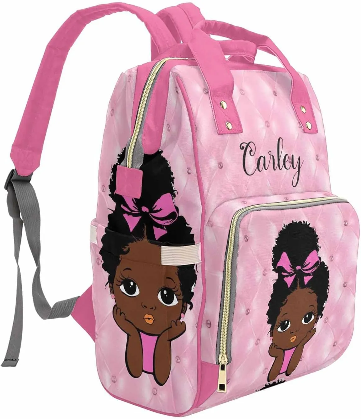 M YESCUSTOM Custom Name Pink Diaper Bag with Black African Princess for Women, Personalized Multifunction Nylon Mommy Nursing Daypack Waterproof Travel Backpack Birthday Mother's Day Gift for Women
