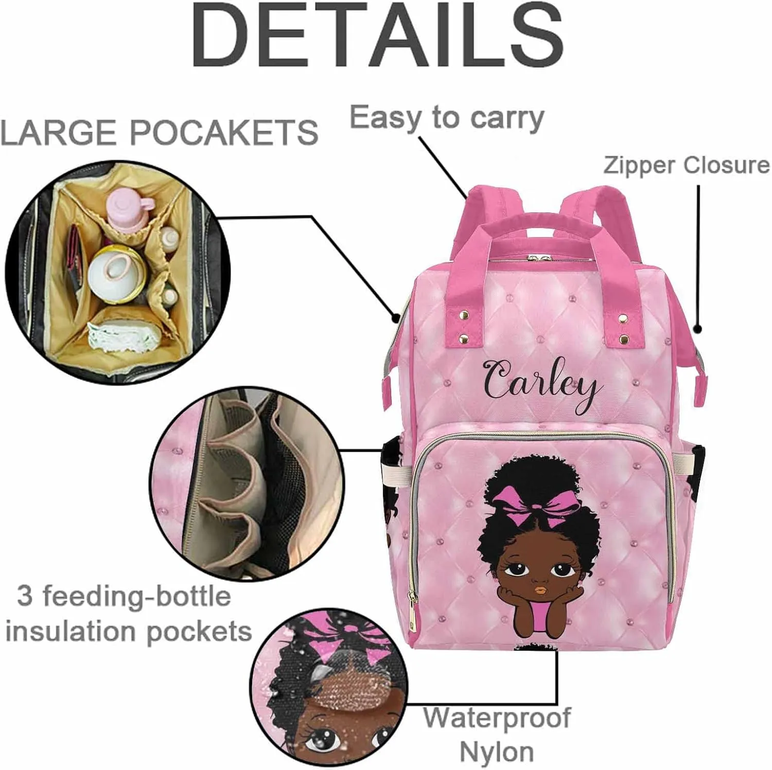 M YESCUSTOM Custom Name Pink Diaper Bag with Black African Princess for Women, Personalized Multifunction Nylon Mommy Nursing Daypack Waterproof Travel Backpack Birthday Mother's Day Gift for Women