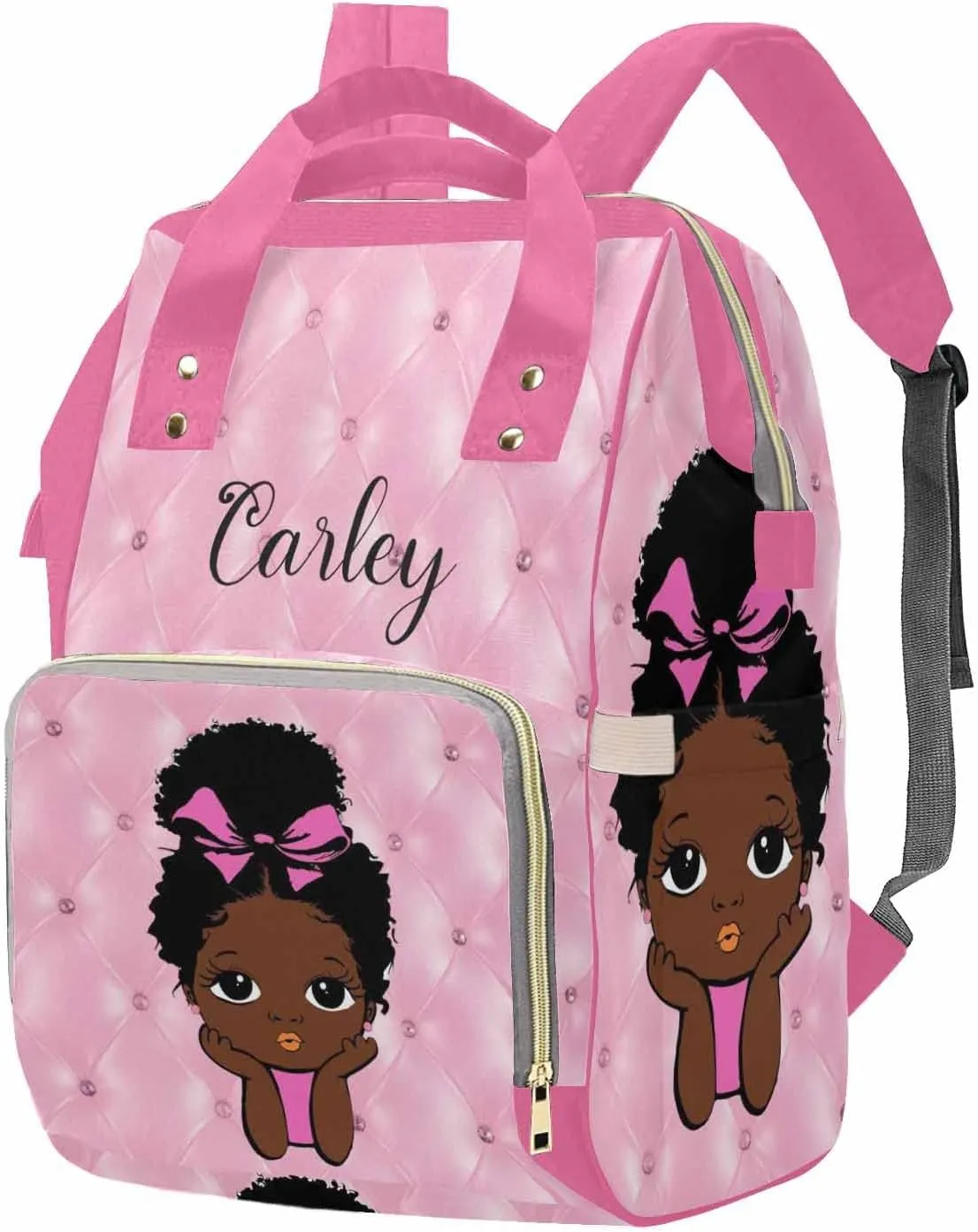 M YESCUSTOM Custom Name Pink Diaper Bag with Black African Princess for Women, Personalized Multifunction Nylon Mommy Nursing Daypack Waterproof Travel Backpack Birthday Mother's Day Gift for Women