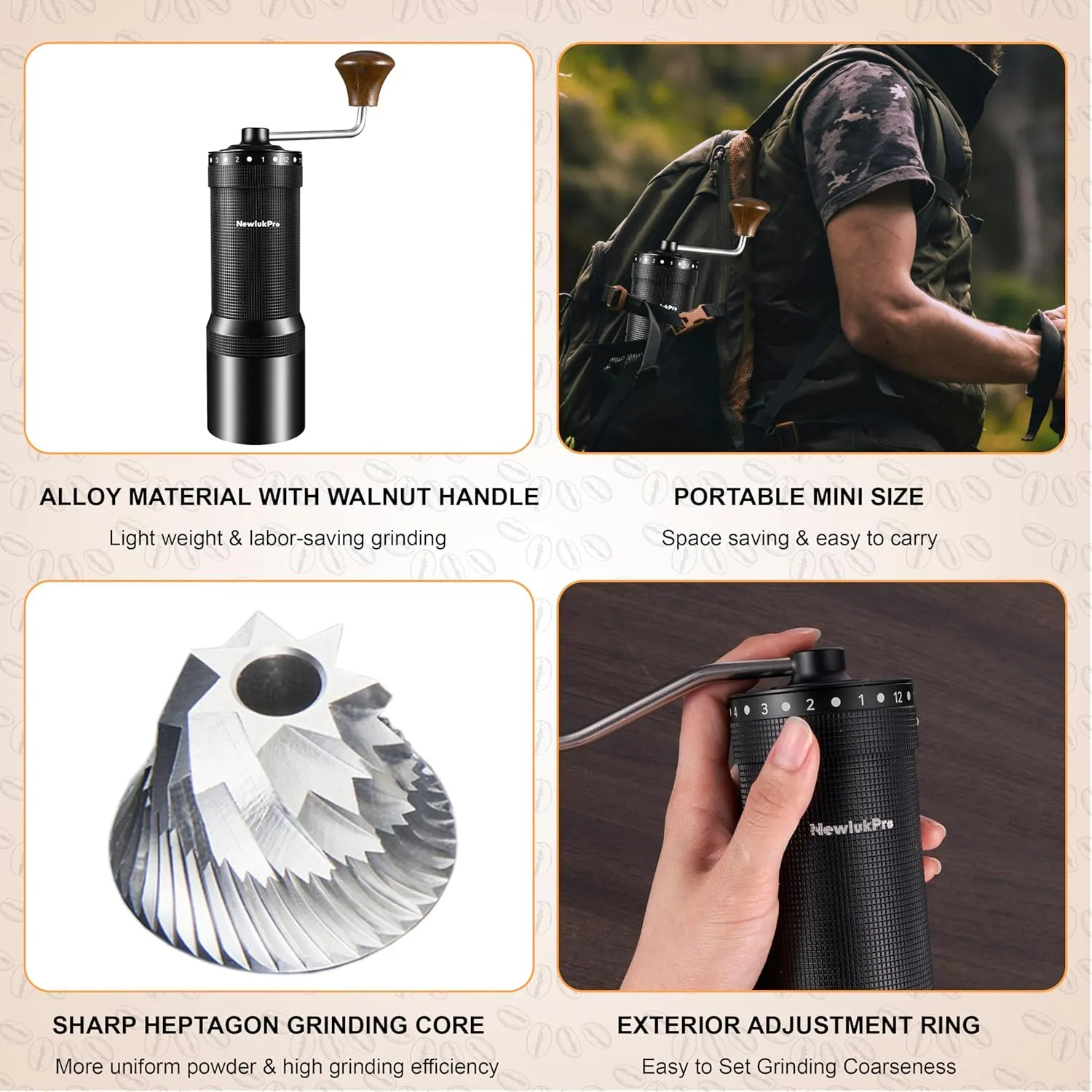 M7 Manual Coffee Grinder,Capacity 35g,Sharp Heptagonal Burr,External 48 Grinding Settings,All Metal Anti Slip Body,Hand Coffee Grinder for Pour Over French Press Espresso (Black)
