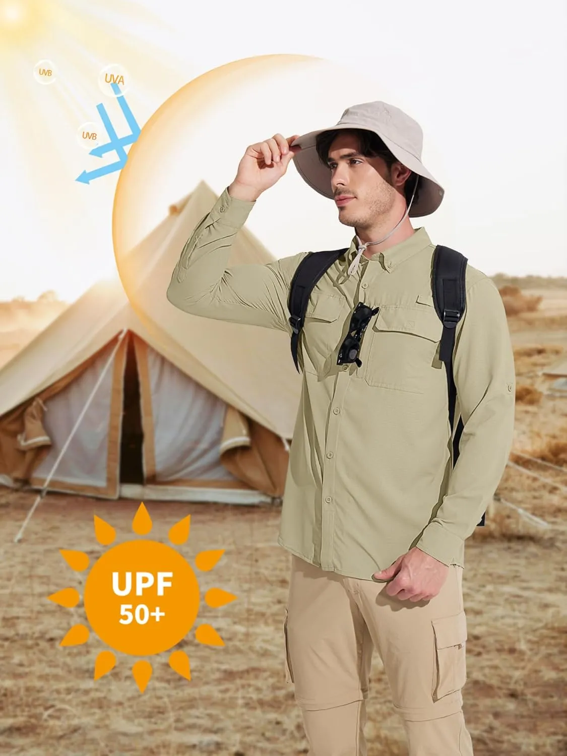MAGCOMSEN Men's Sun Protection Fishing Shirts Long Sleeve UPF 50  Quick Dry Cooling Button Down Shirt for Hiking Safari
