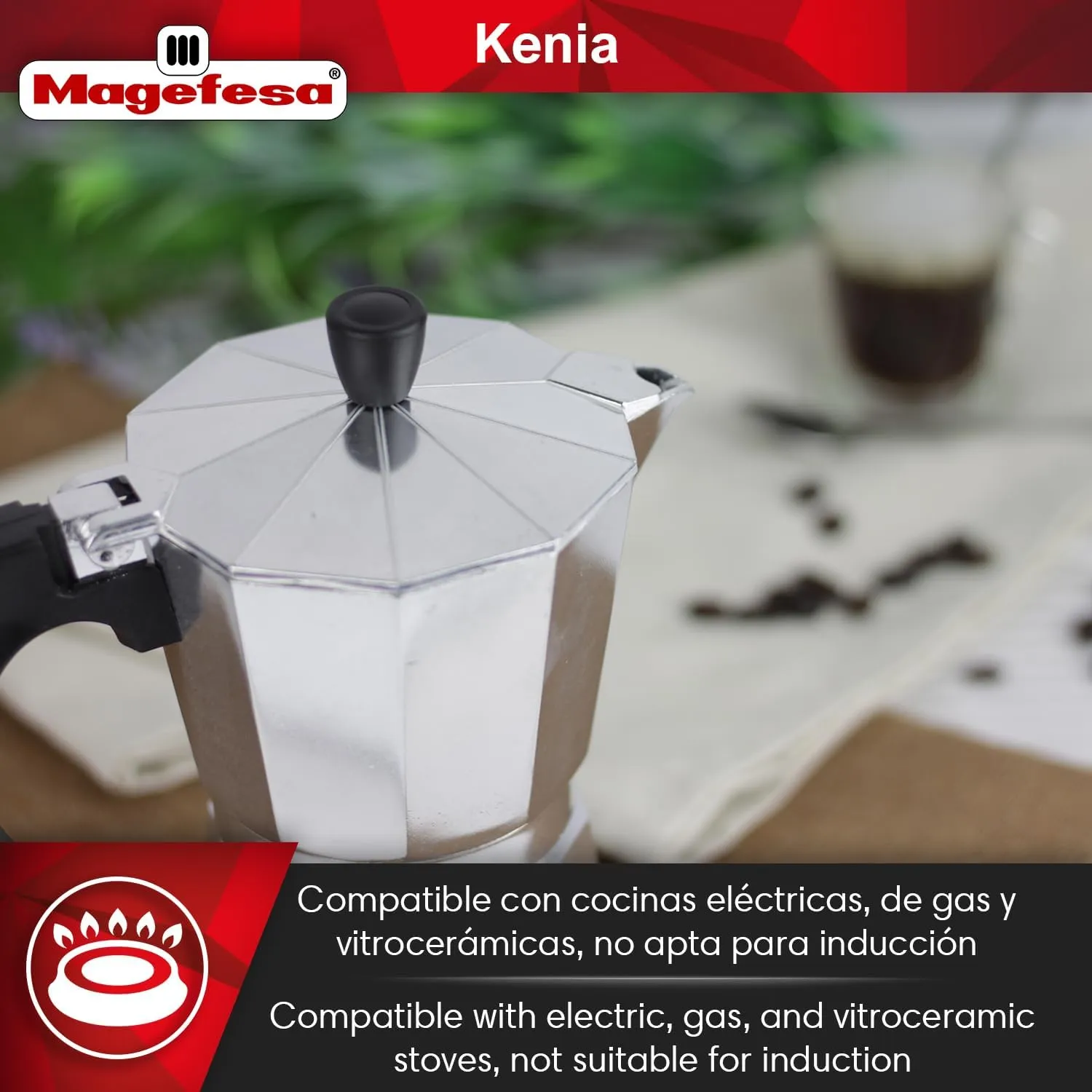 MAGEFESA Kenia Stovetop Espresso Moka Pot, 6-Cup/10 oz, Italian Coffee Maker for Cuban Coffee, Extra-Thick Aluminum, Heat-Resistant Handle, Safe & Easy-to-Use, Greca Coffee Maker