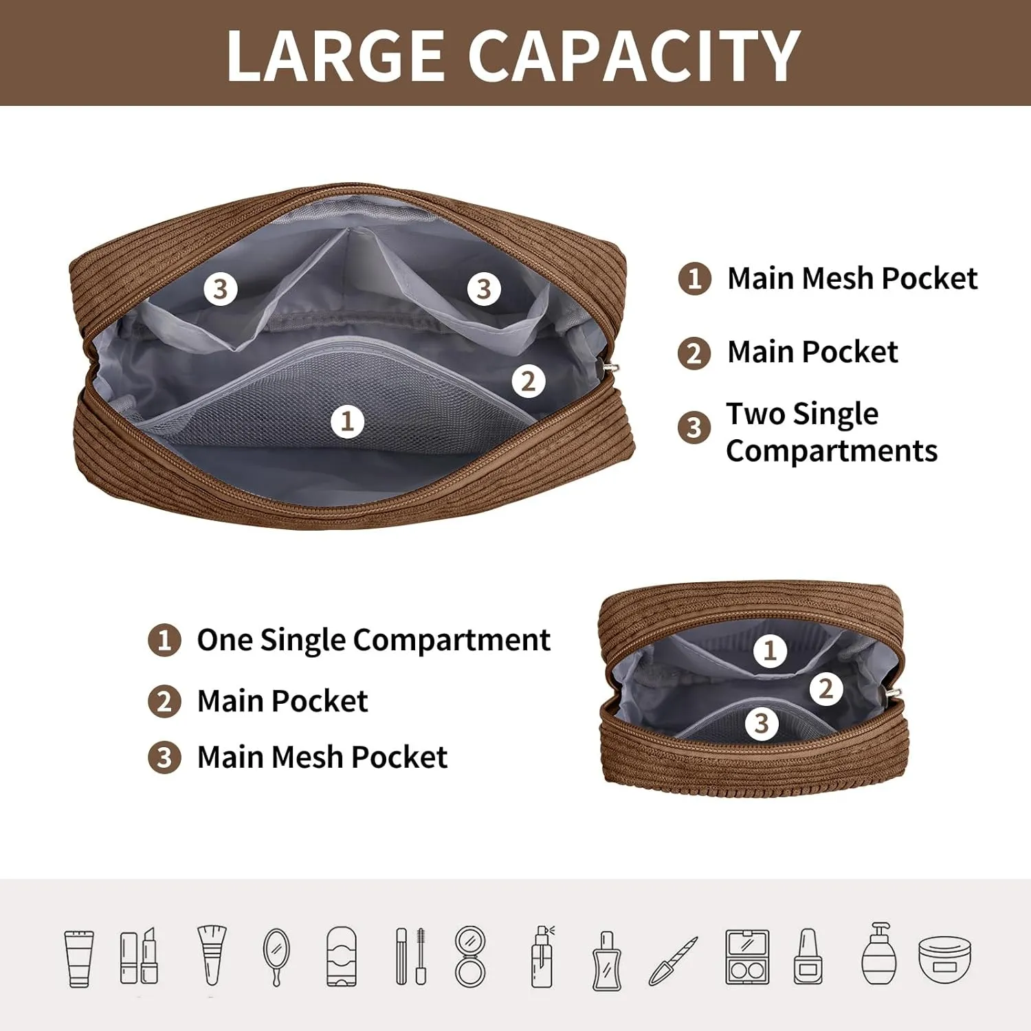 MAGEFY Small Makeup Bag for Purse Mini Cosmetics Bag Corduroy Cute Cosmetic Pouch for Women with Slip-in Pockets